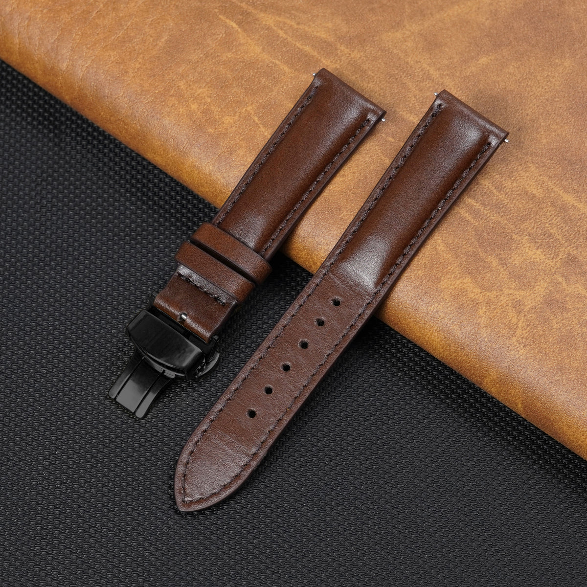 Padded Brown Full Grain Leather Watch Strap with Deployment Clasp