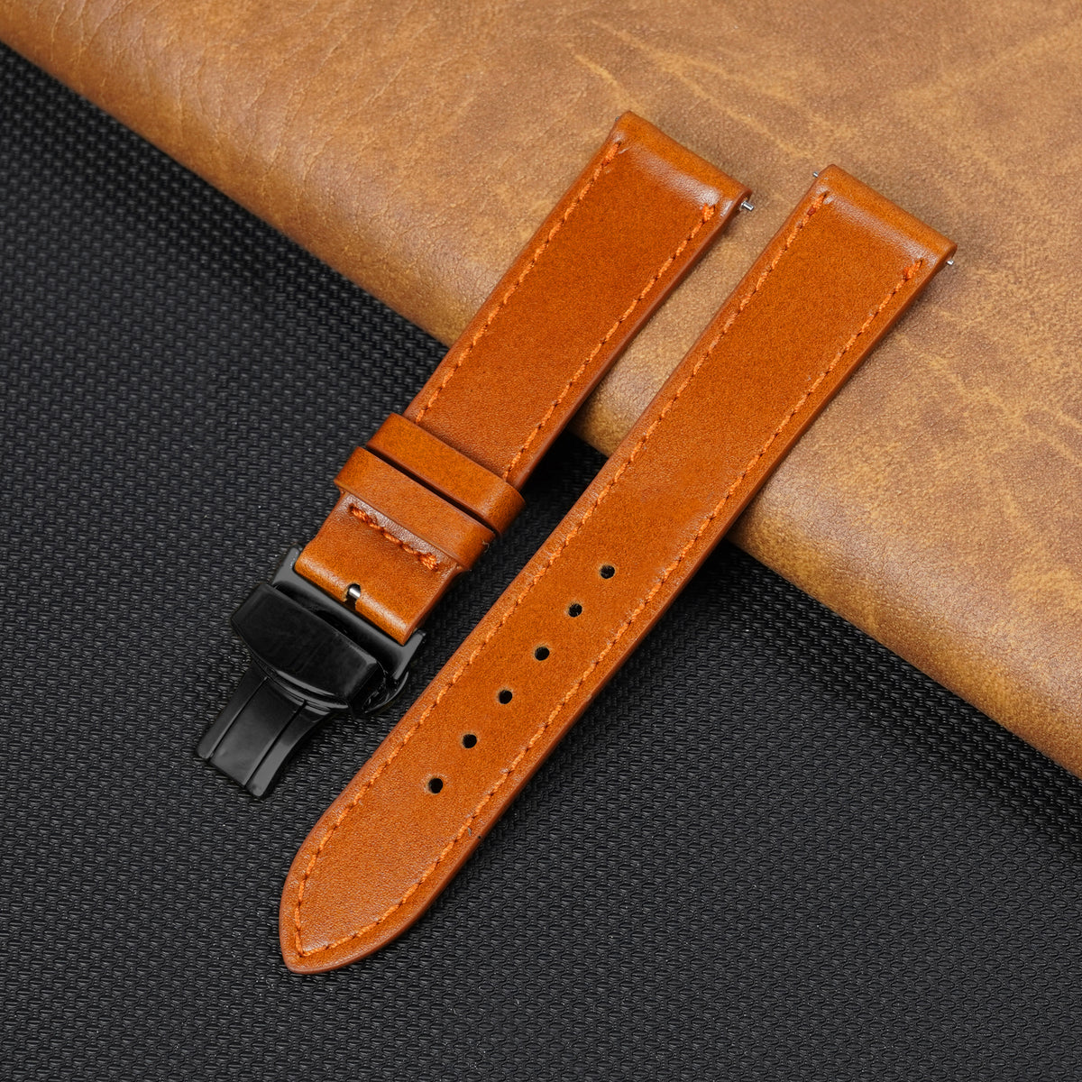 Tan Brown Flat Full Grain Leather Watch Strap with Deployment Clasp