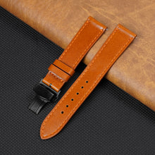 Tan Brown Flat Full Grain Leather Watch Strap with Deployment Clasp