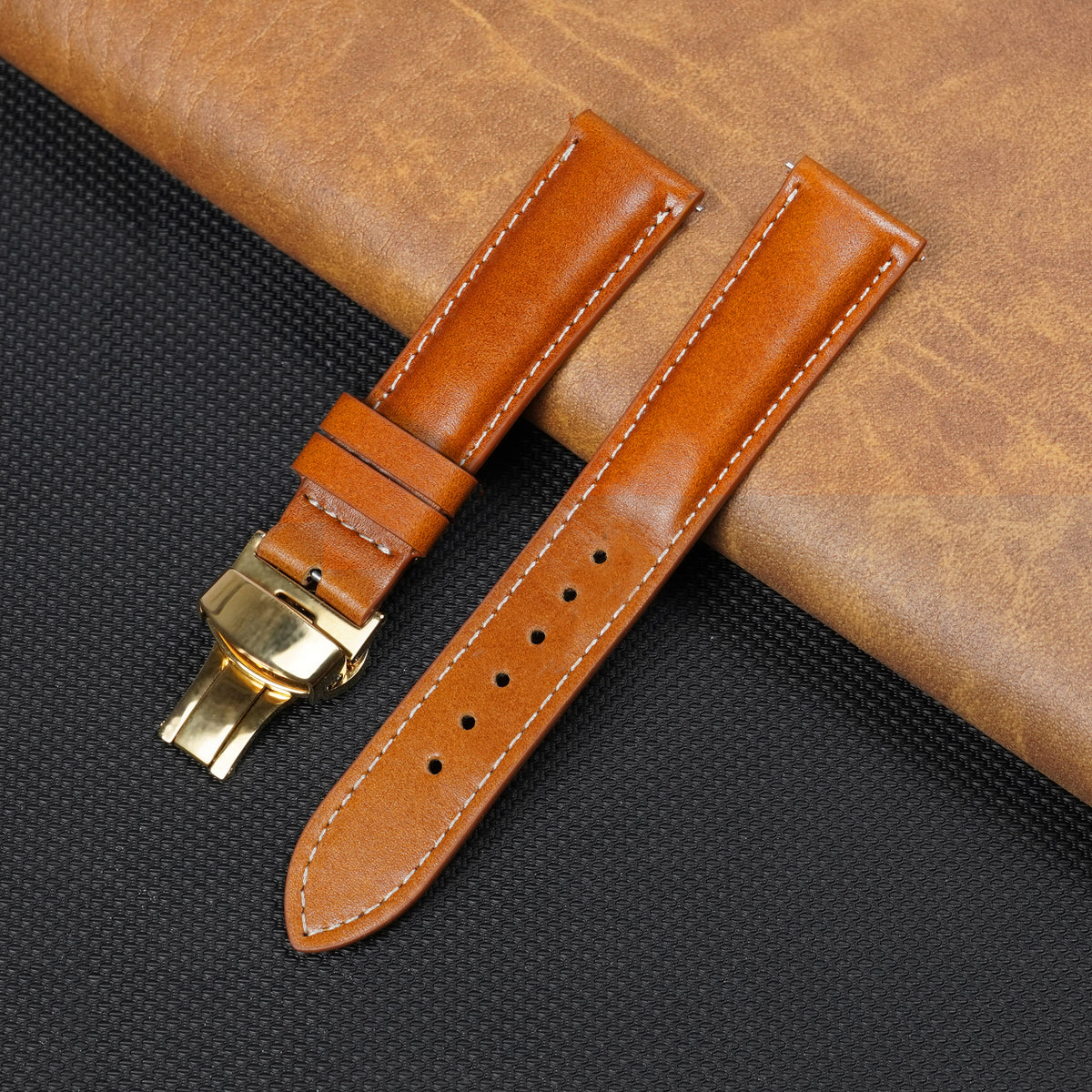 Tan Brown Full Grain Watch Strap with White Stitching and Deployment Clasp