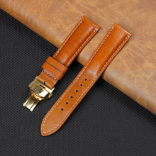 Tan Brown Full Grain Watch Strap with White Stitching and Deployment Clasp