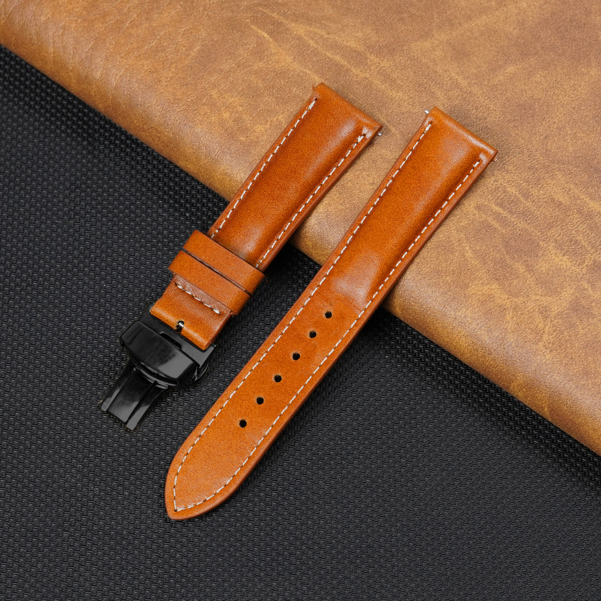 Tan Brown Full Grain Watch Strap with White Stitching and Deployment Clasp