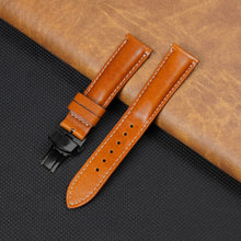 Tan Brown Full Grain Watch Strap with White Stitching and Deployment Clasp