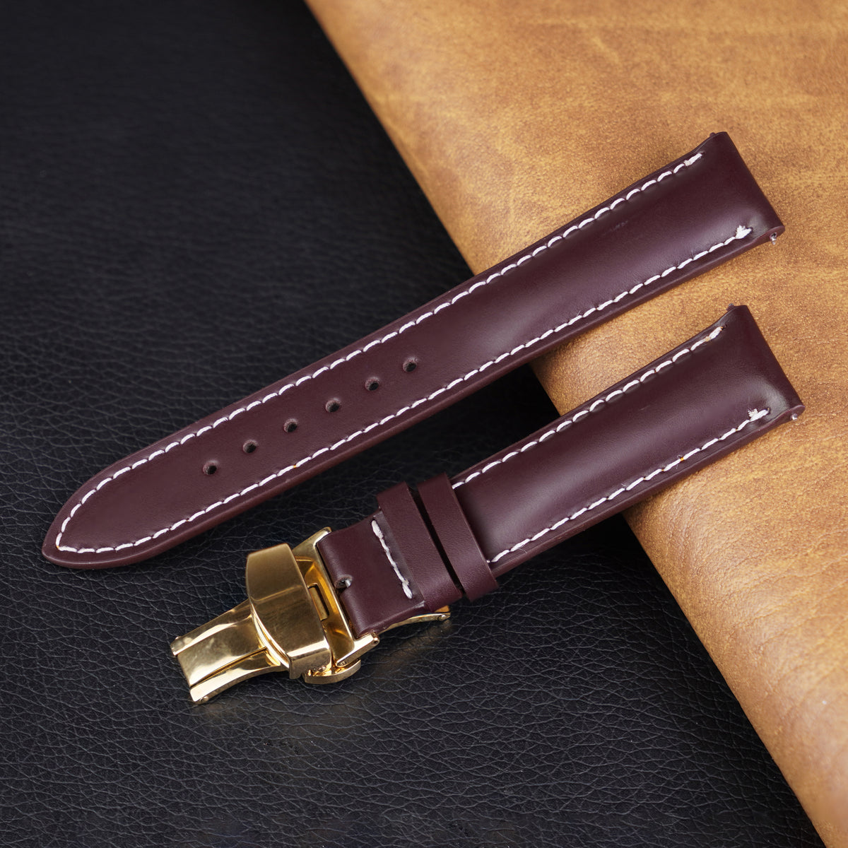 Burgundy Full Grain Watch Strap with White Stitching and Deployment Clasp