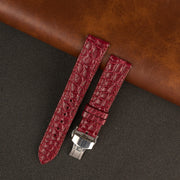 Burgundy Alligator Flat Leather Watch Strap with Deployment Clasp