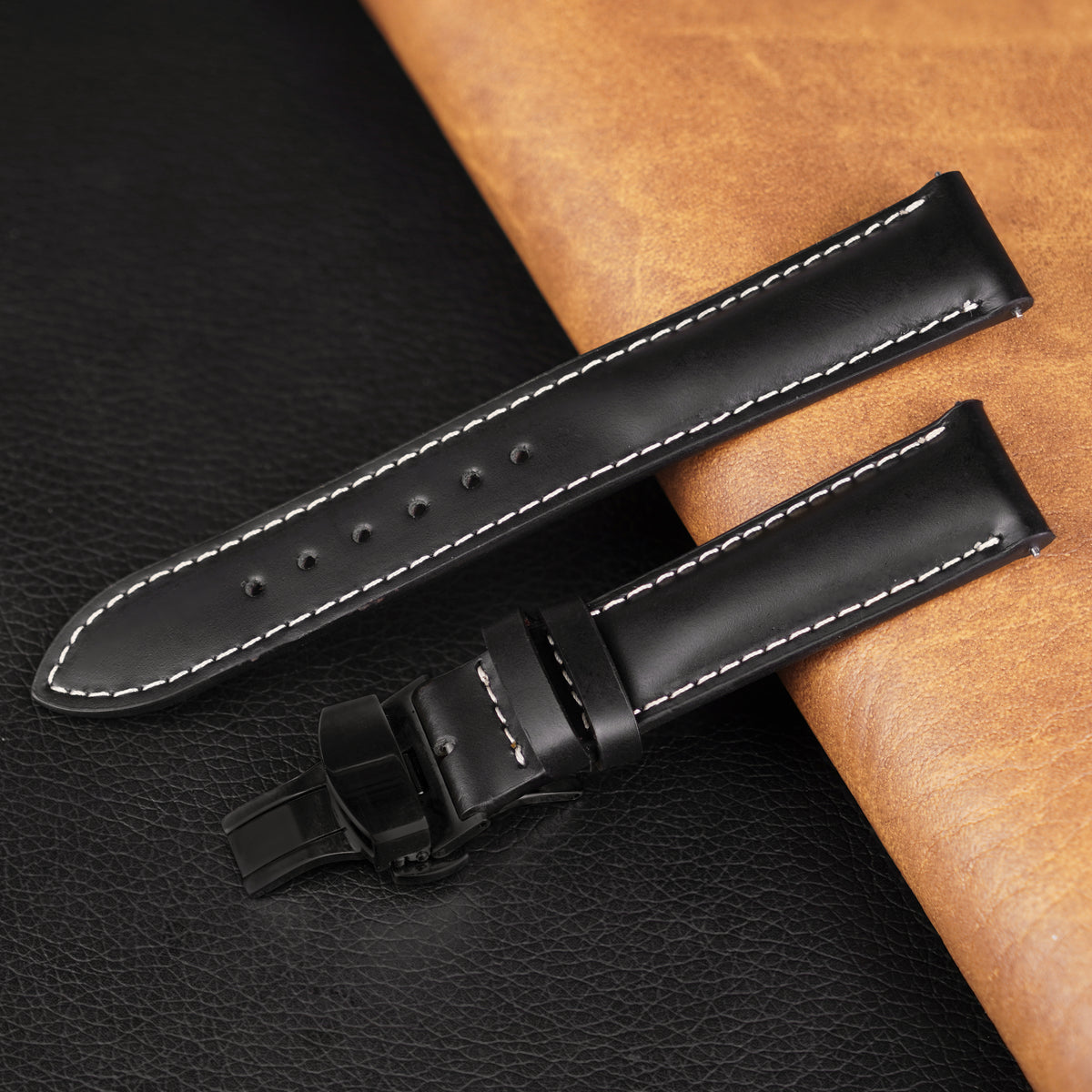 Black Full Grain Watch Strap with White Stitching and Deployment Clasp