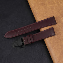 Burgundy Flat Full Grain Leather Watch Strap with Deployment Clasp