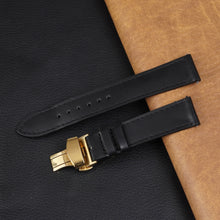 Black Flat Full Grain Leather Watch Strap with Deployment Clasp  Description: