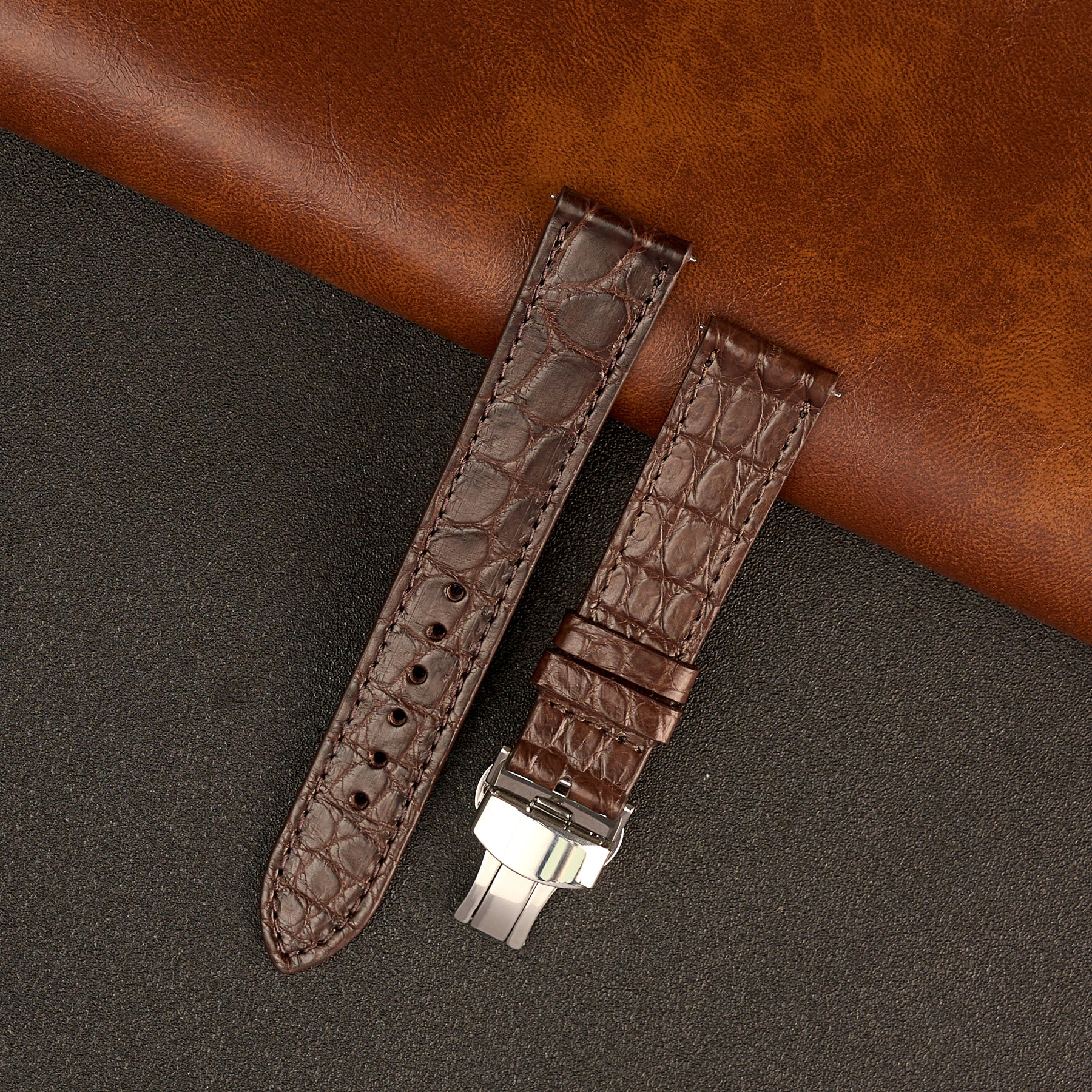 Brown Alligator Flat Leather Watch Strap with Deployment Clasp