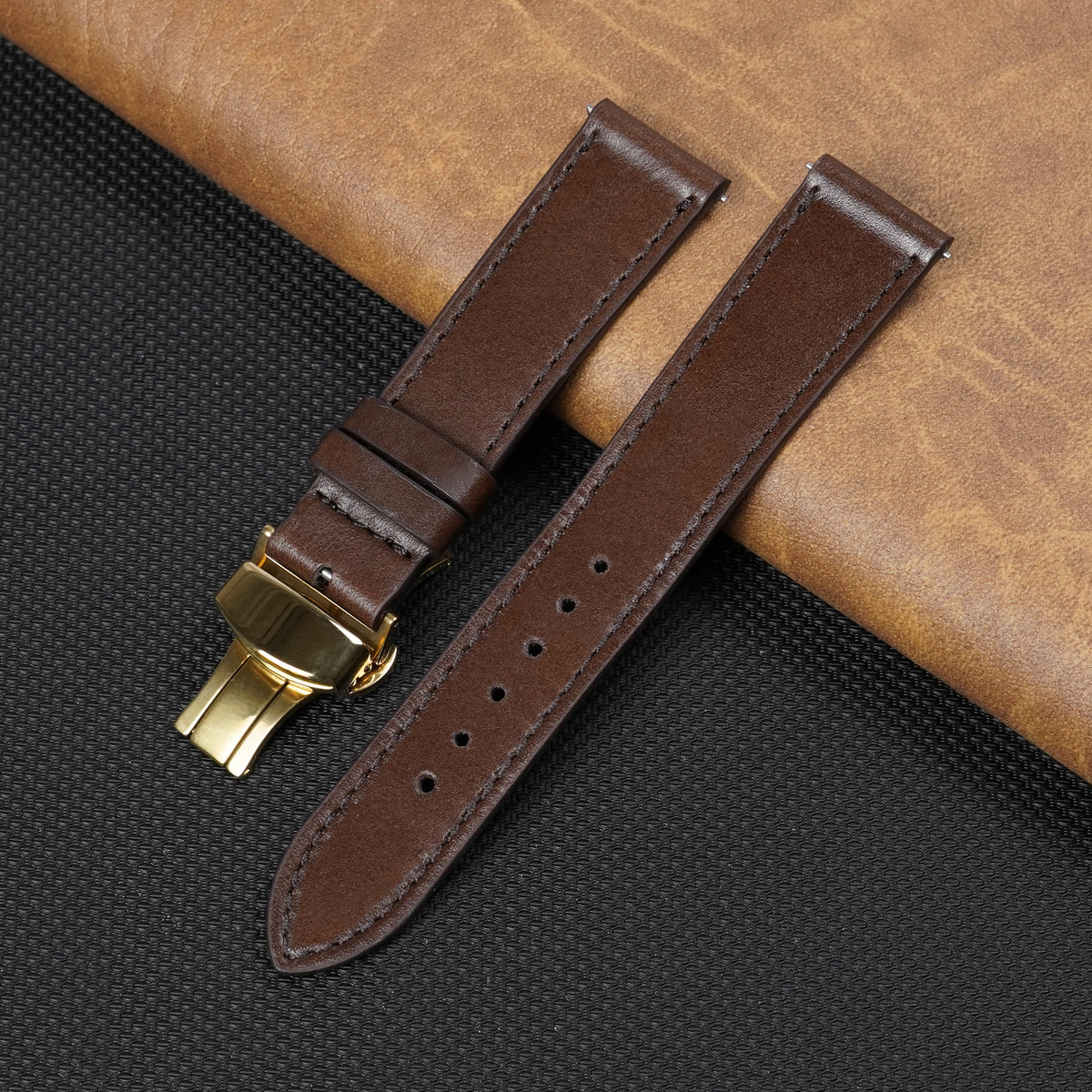 Brown Flat Full Grain Leather Watch Strap with Deployment Clasp