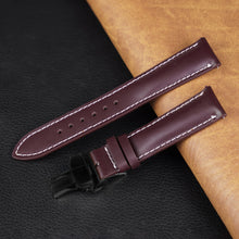 Burgundy Full Grain Watch Strap with White Stitching and Deployment Clasp
