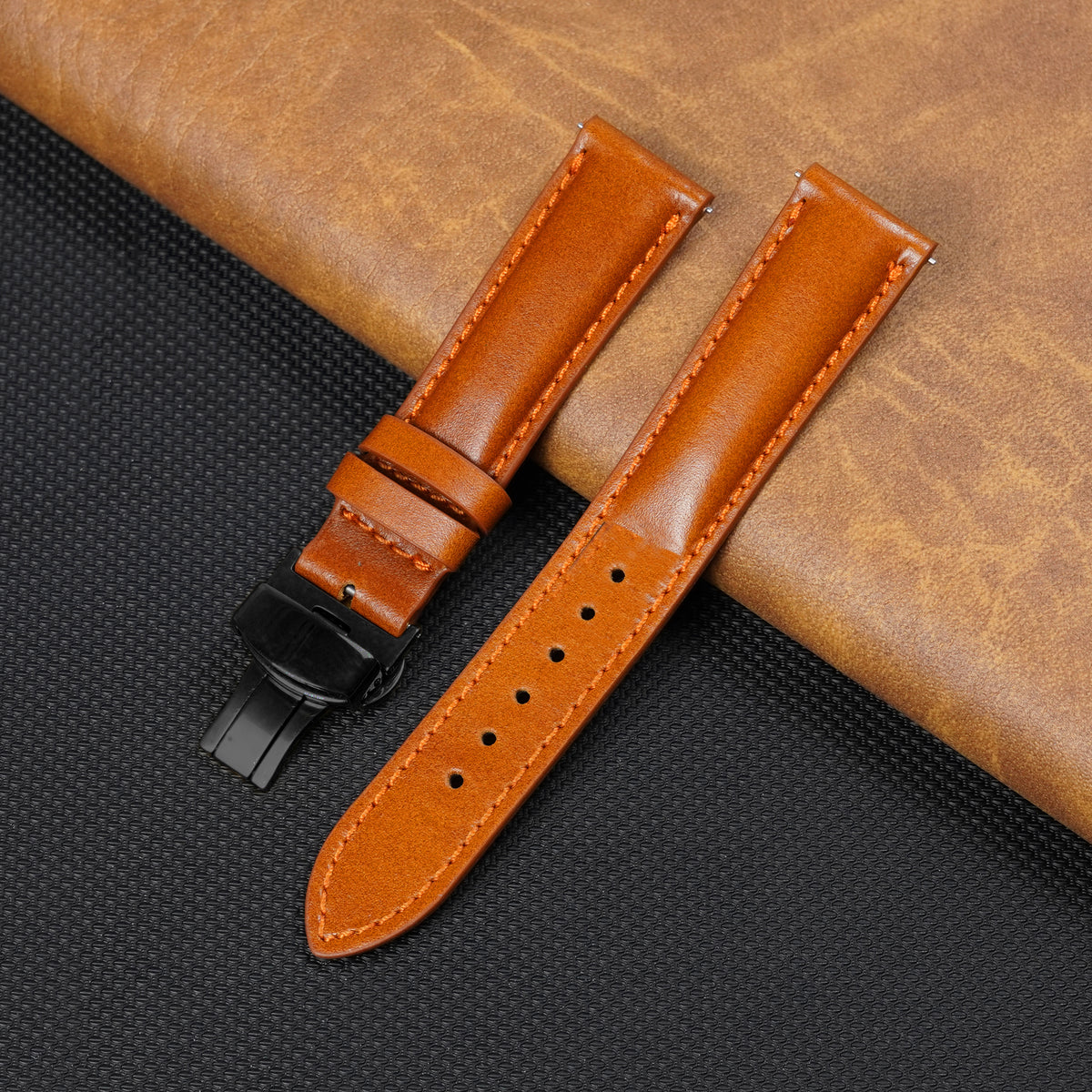 Padded Tan Brown Full Grain Leather Watch Strap with Deployment Clasp
