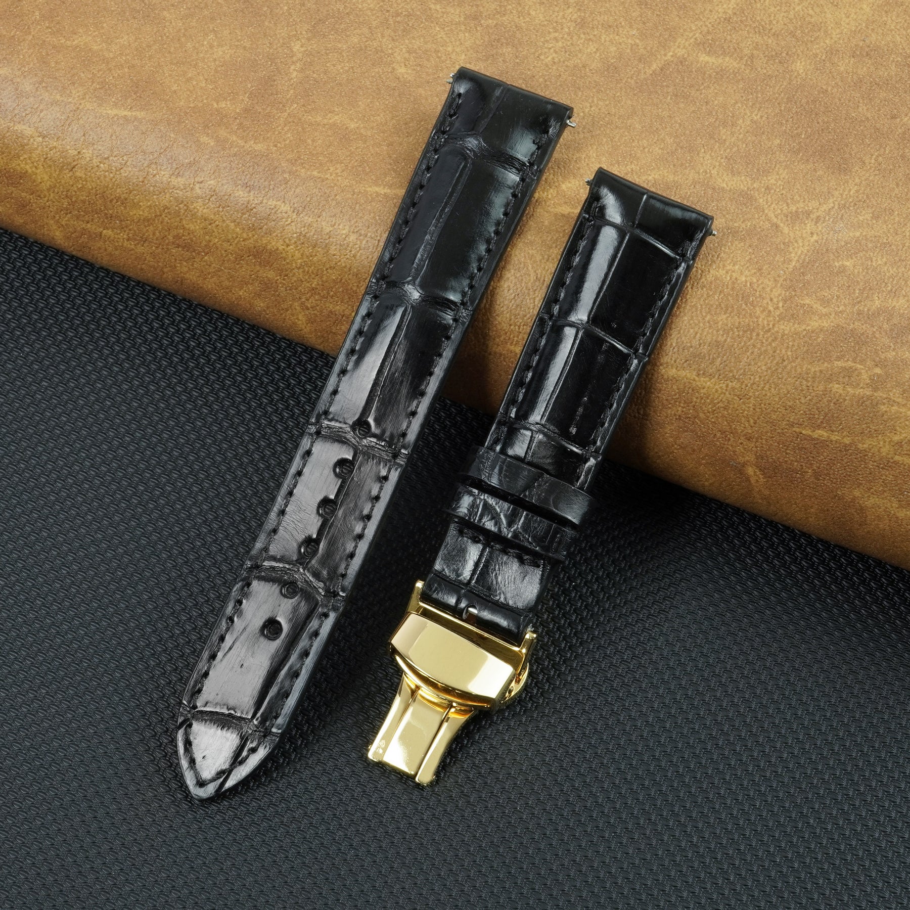 Black Alligator Leather Watch Strap with Deployment Clasp