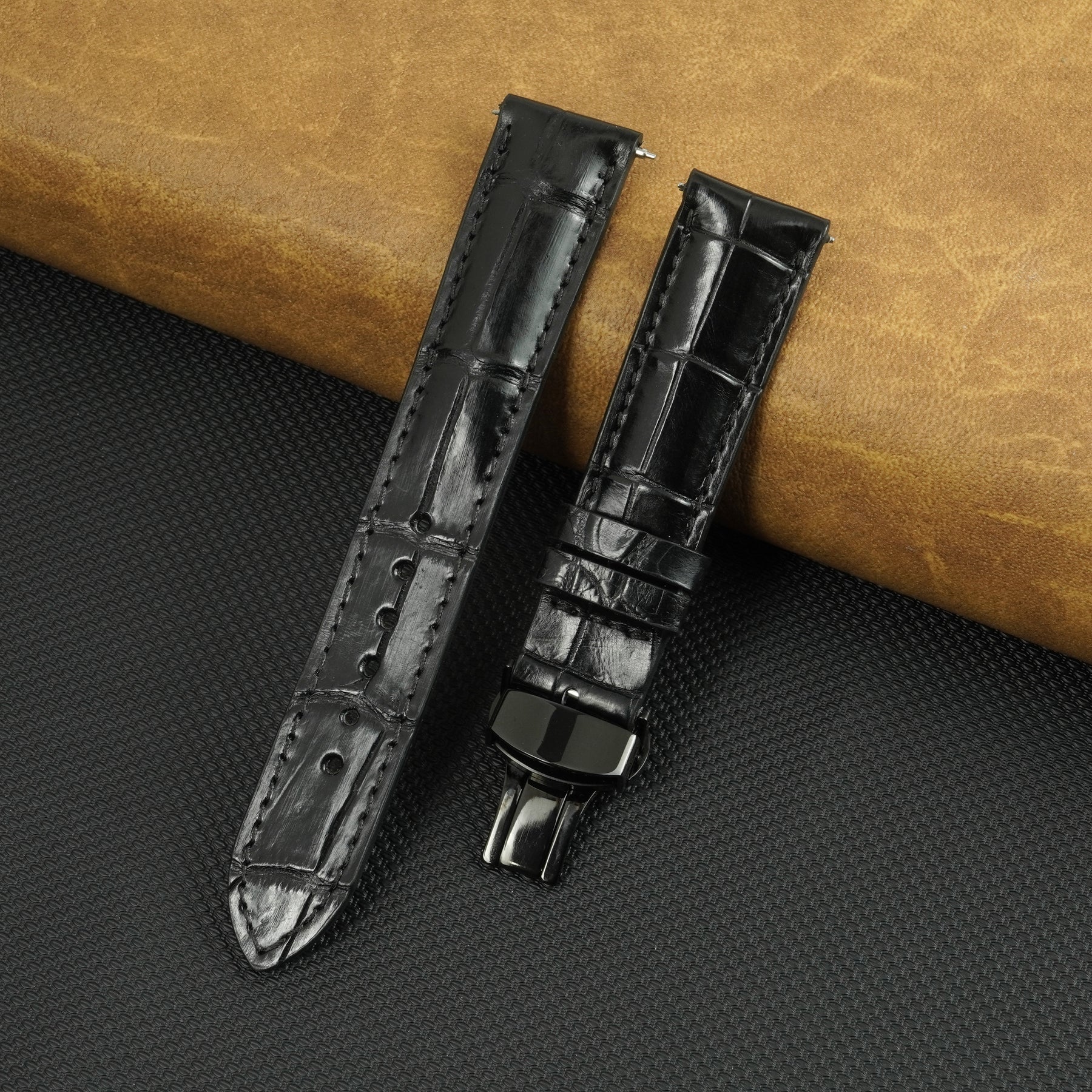 Black Alligator Leather Watch Strap with Deployment Clasp