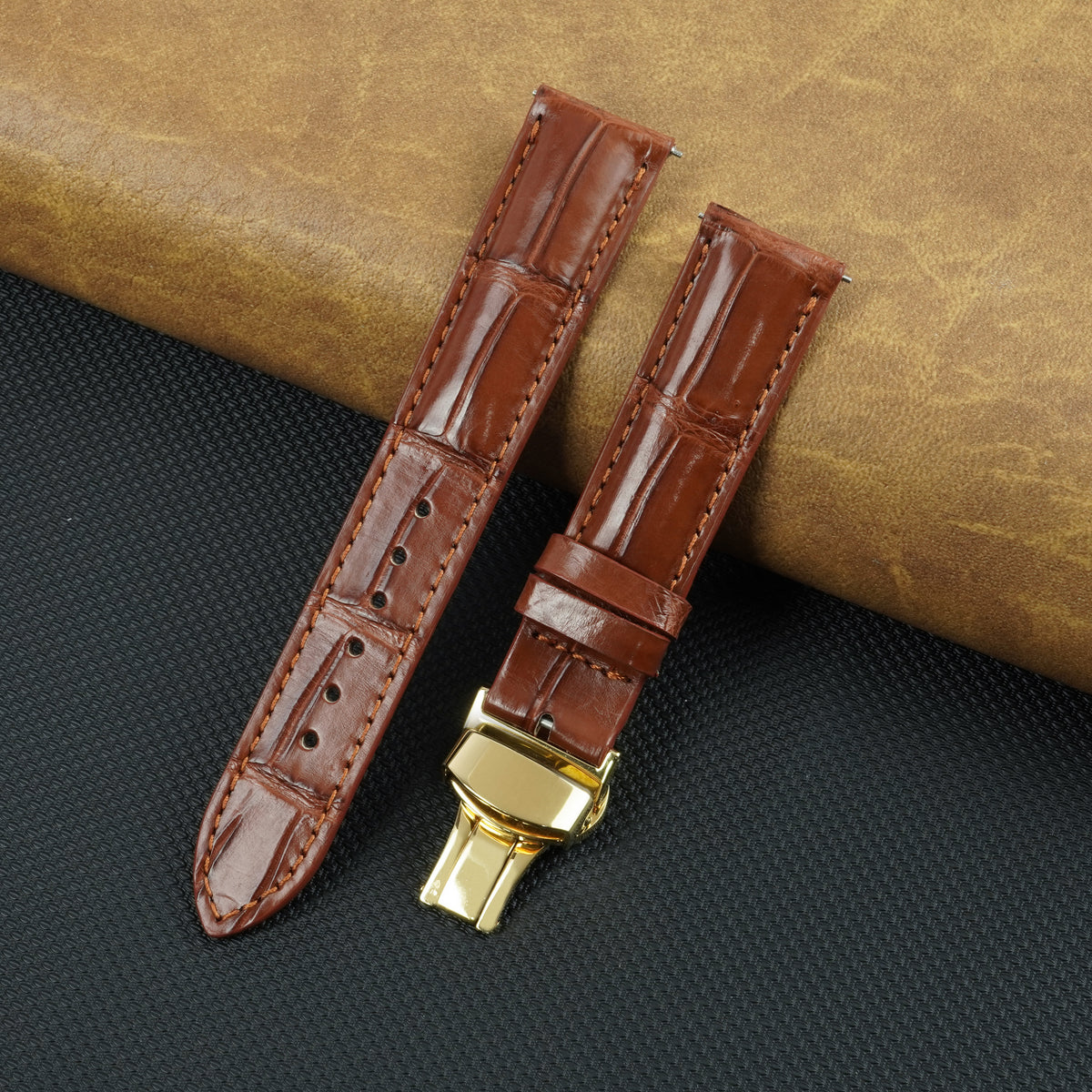 Light Brown Alligator Leather Watch Strap with Deployment Clasp