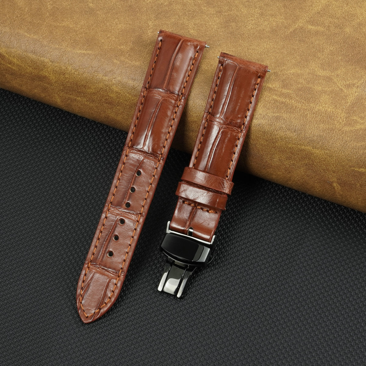 Light Brown Alligator Leather Watch Strap with Deployment Clasp