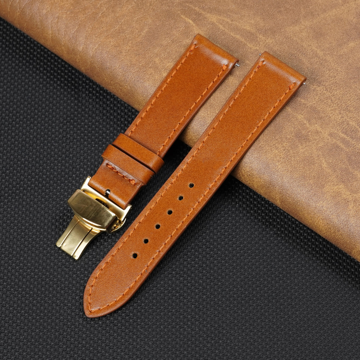 Tan Brown Flat Full Grain Leather Watch Strap with Deployment Clasp