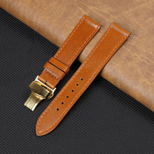 Tan Brown Flat Full Grain Leather Watch Strap with Deployment Clasp