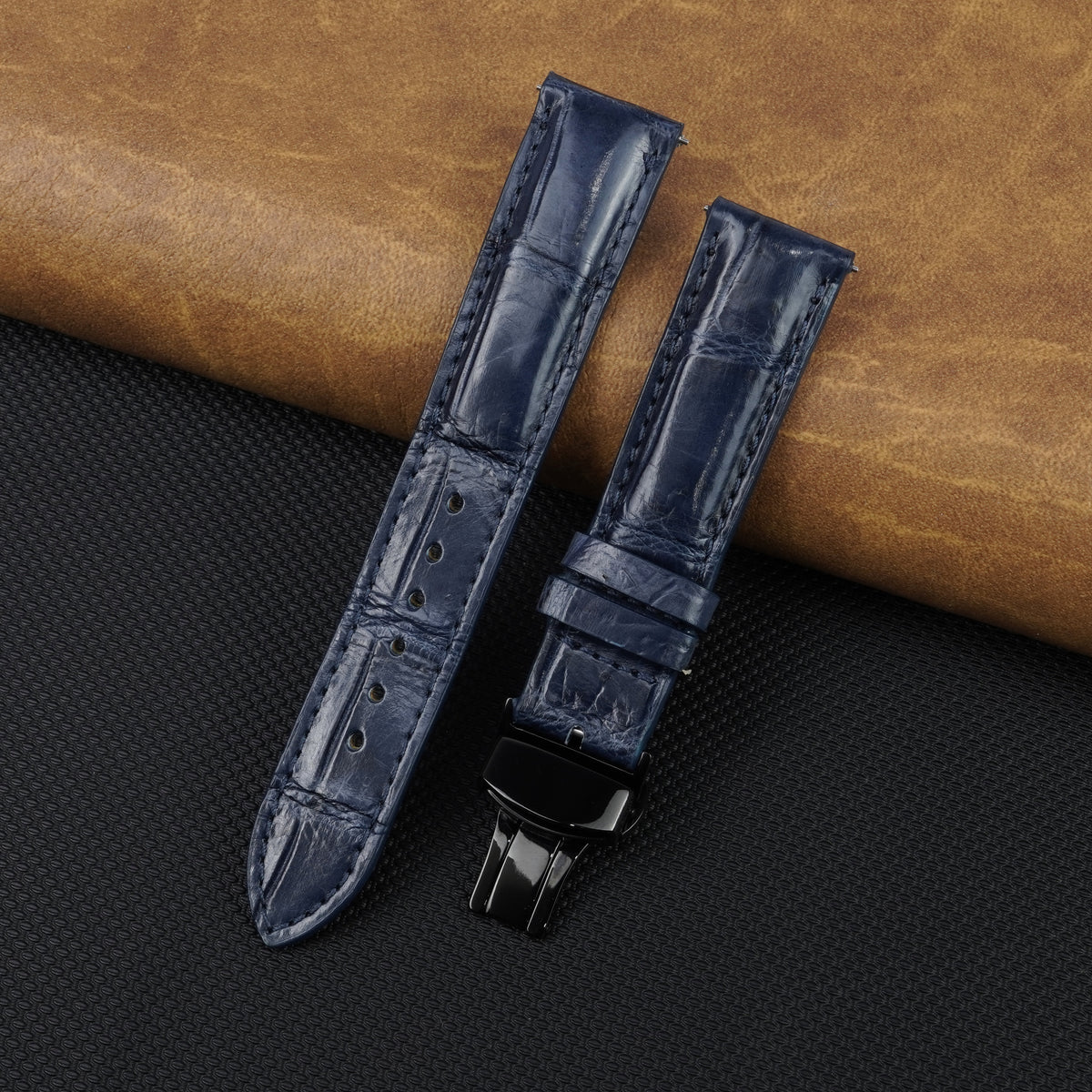 Blue Alligator Leather Watch Strap with Deployment Clasp