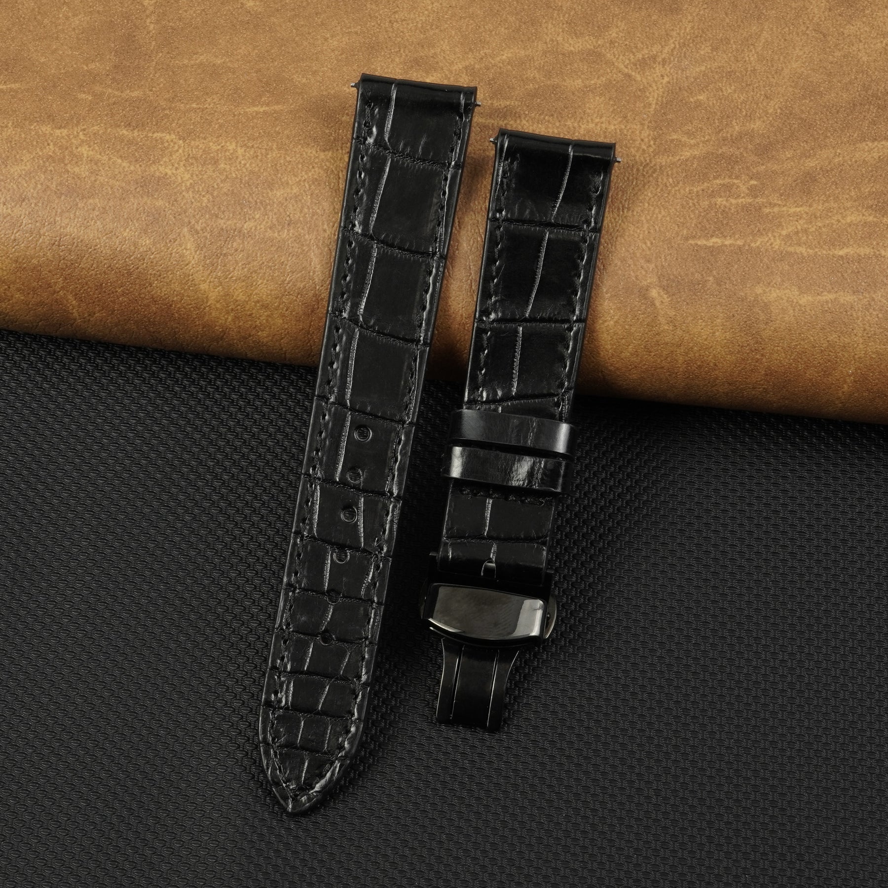 Black Flat Alligator Belly Leather Watch Strap with Deployment Clasp