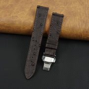 Slim Dark Brown FLat Ostrich Leather Watch Band width Deployment Clasp