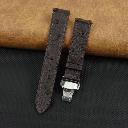 Slim Dark Brown FLat Ostrich Leather Watch Band with Deployment Clasp