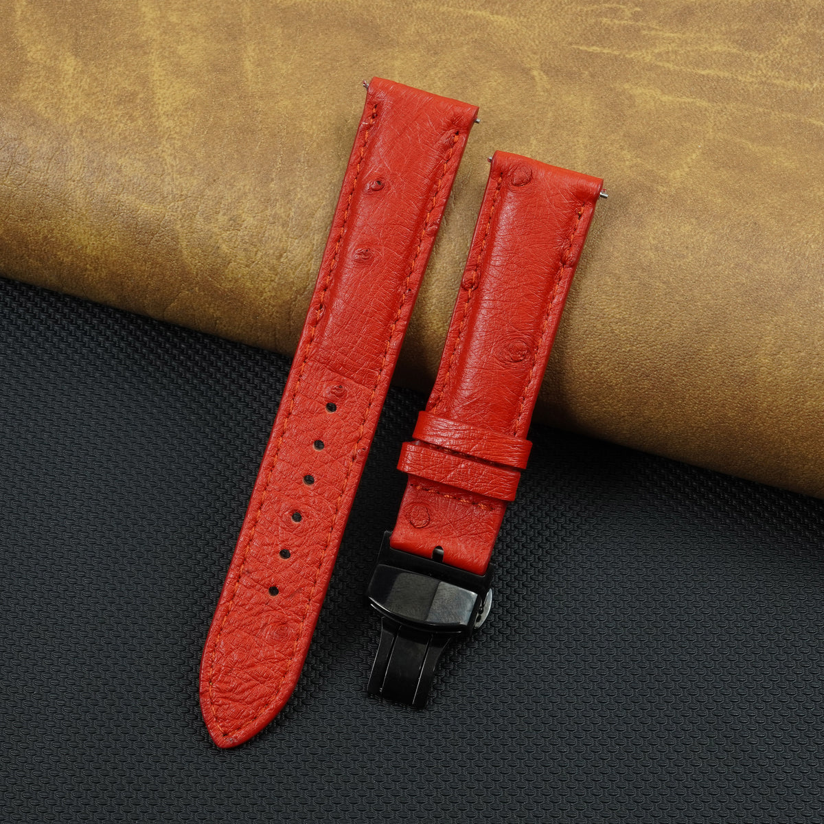 Red Ostrich Leather Watch Strap with Deployment Clasp