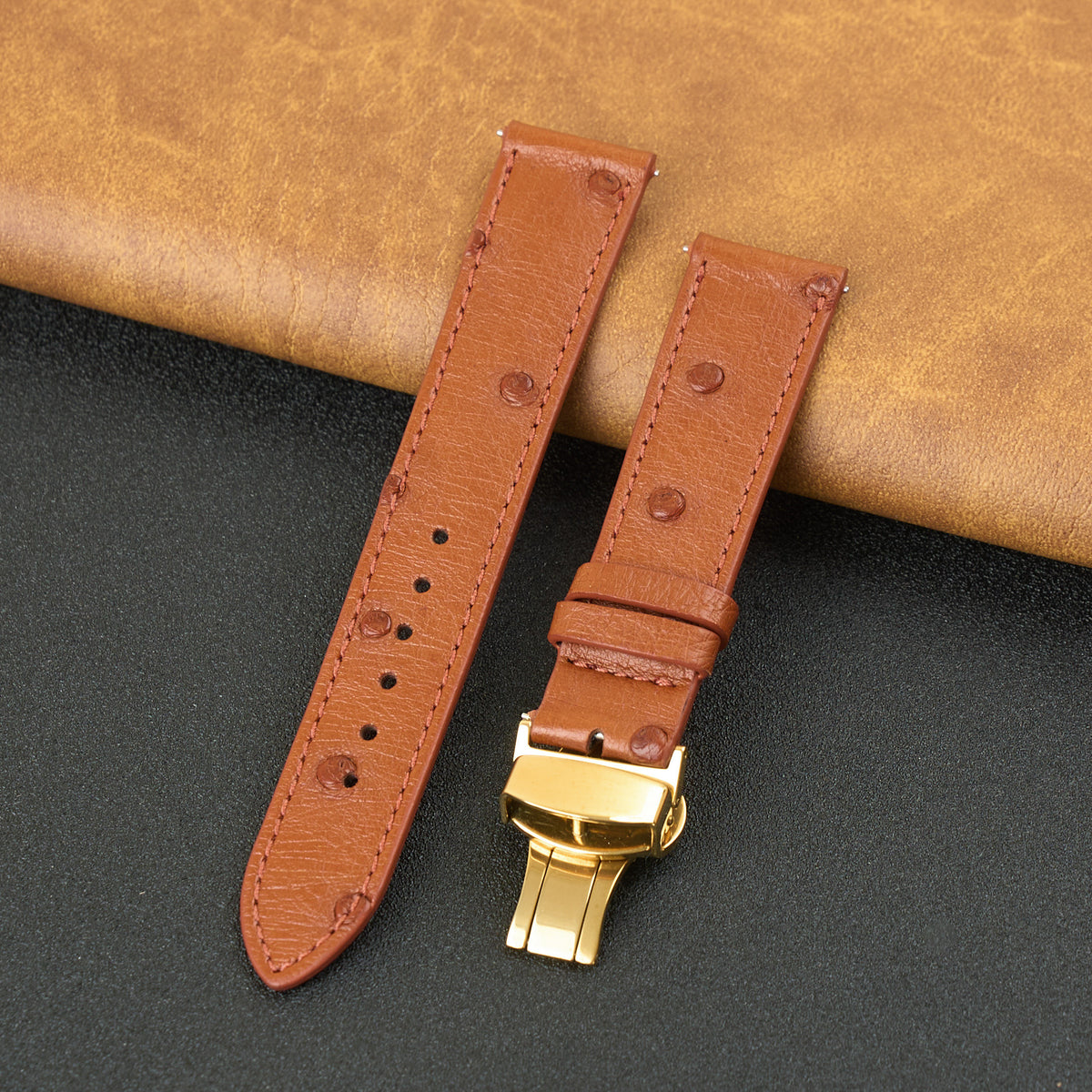 Slim Light Brown FLat Ostrich Leather Watch Band width Deployment Clasp