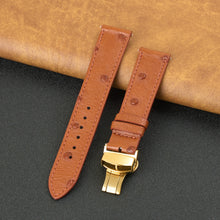 Slim Light Brown FLat Ostrich Leather Watch Band width Deployment Clasp