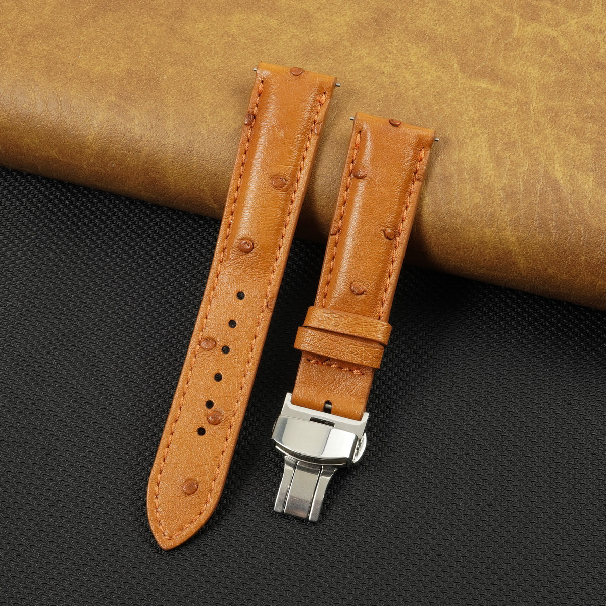 Tan Brown Ostrich Leather Watch Strap with Deployment Clasp