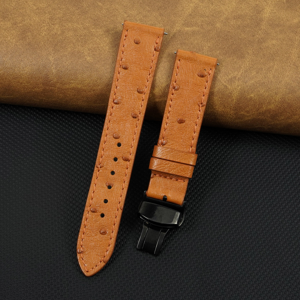 Slim Tan FLat Ostrich Leather Watch Band width Deployment Clasp
