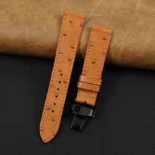 Slim Tan FLat Ostrich Leather Watch Band width Deployment Clasp