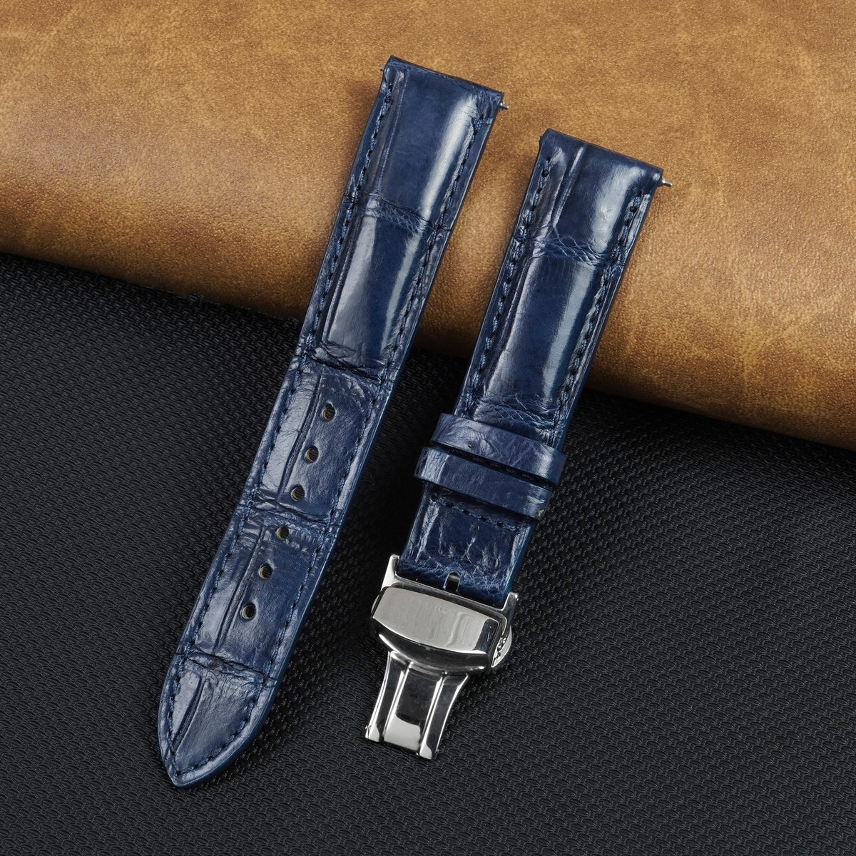 Blue Alligator Leather Watch Strap with Deployment Clasp