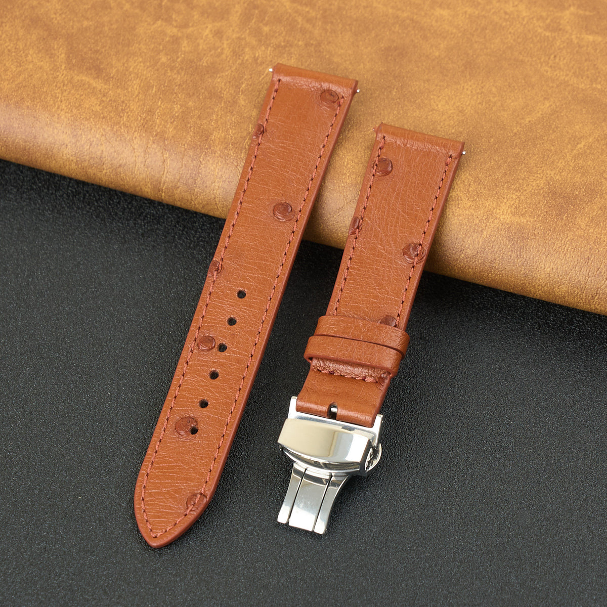 Slim Light Brown FLat Ostrich Leather Watch Band width Deployment Clasp