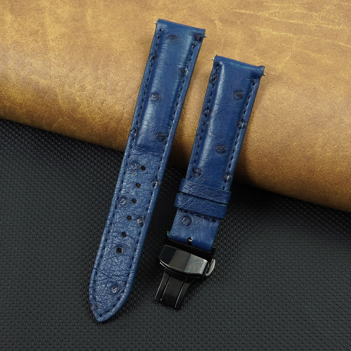 Blue Ostrich Leather Watch Strap with Deployment Clasp