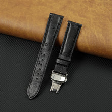 Black Genuine Ostrich Leather Watch Strap with Deployment Clasp