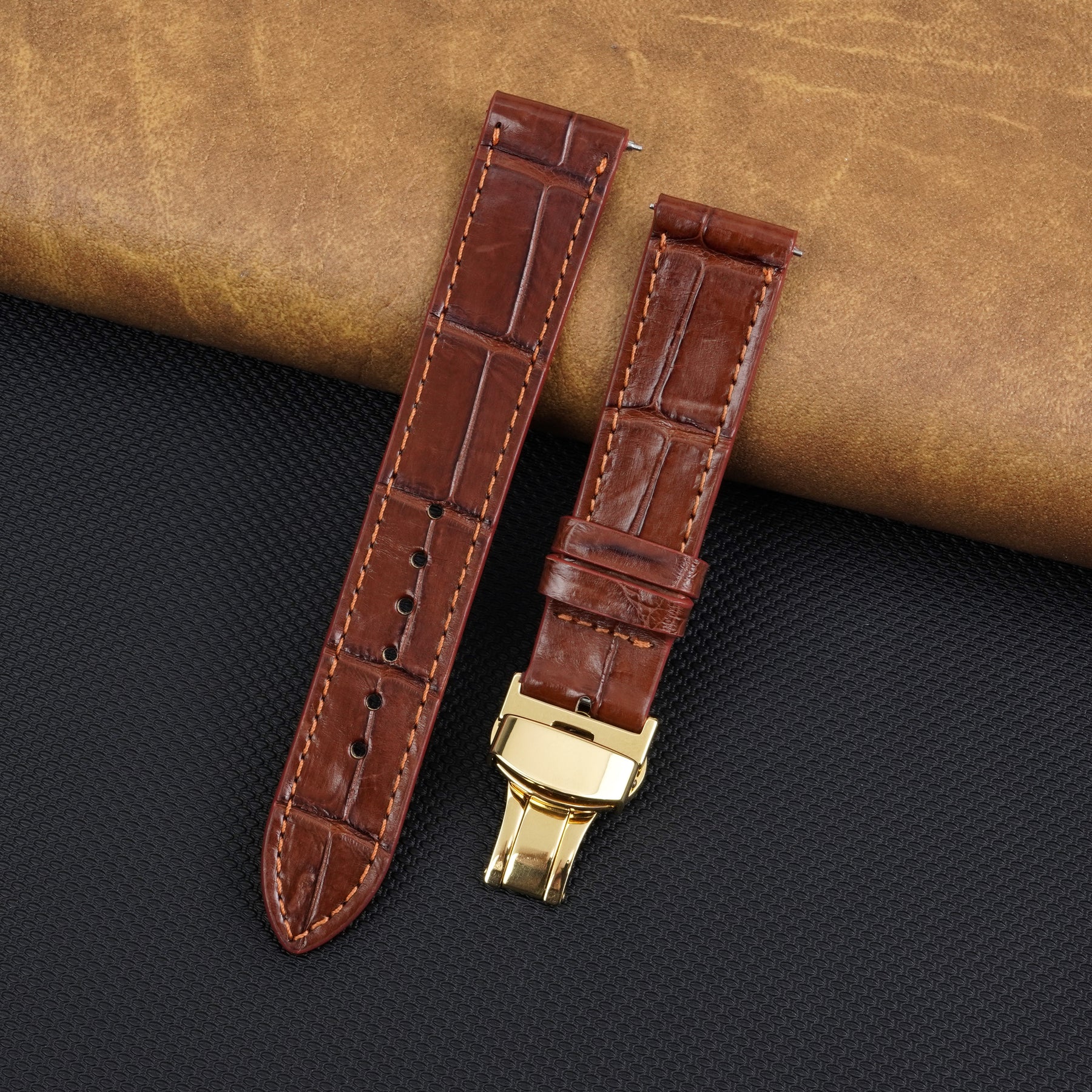 Light Brown Flat Alligator Belly Leather Watch Strap with Deployment Clasp
