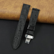 Slim Black FLat Ostrich Leather Watch Band width Deployment Clasp
