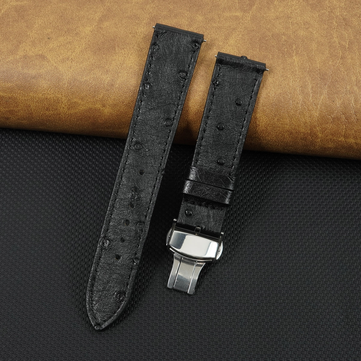 Slim Black FLat Ostrich Leather Watch Band width Deployment Clasp