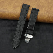 Slim Black FLat Ostrich Leather Watch Band width Deployment Clasp