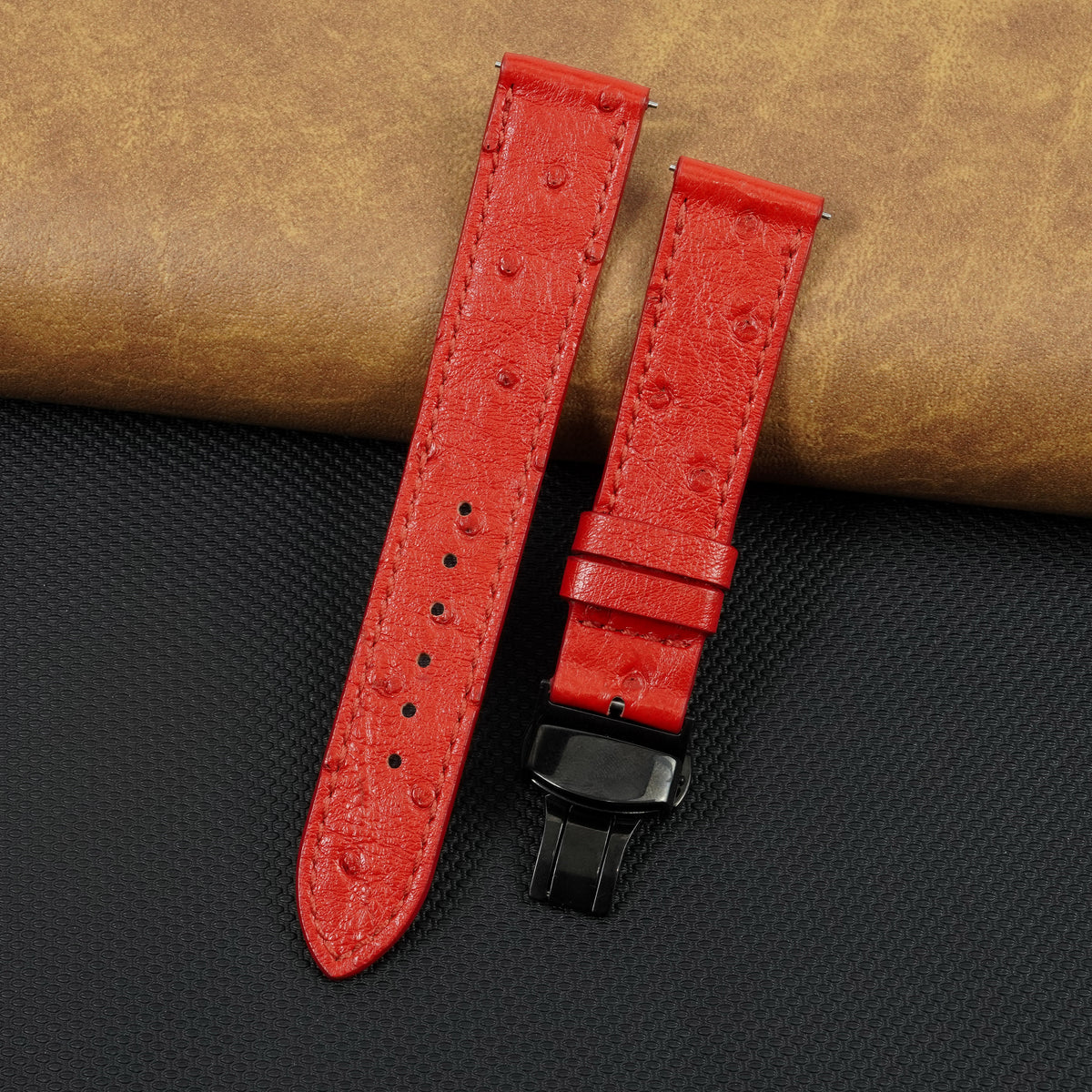 Slim Red FLat Ostrich Leather Watch Band width Deployment Clasp