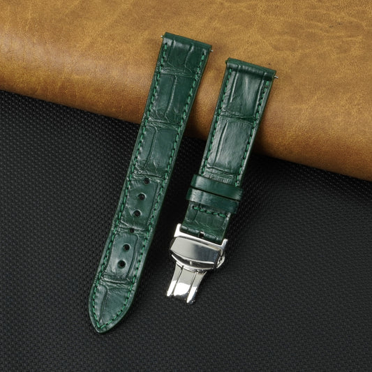 Green Flat Alligator Belly Leather Watch Strap with Deployment Clasp