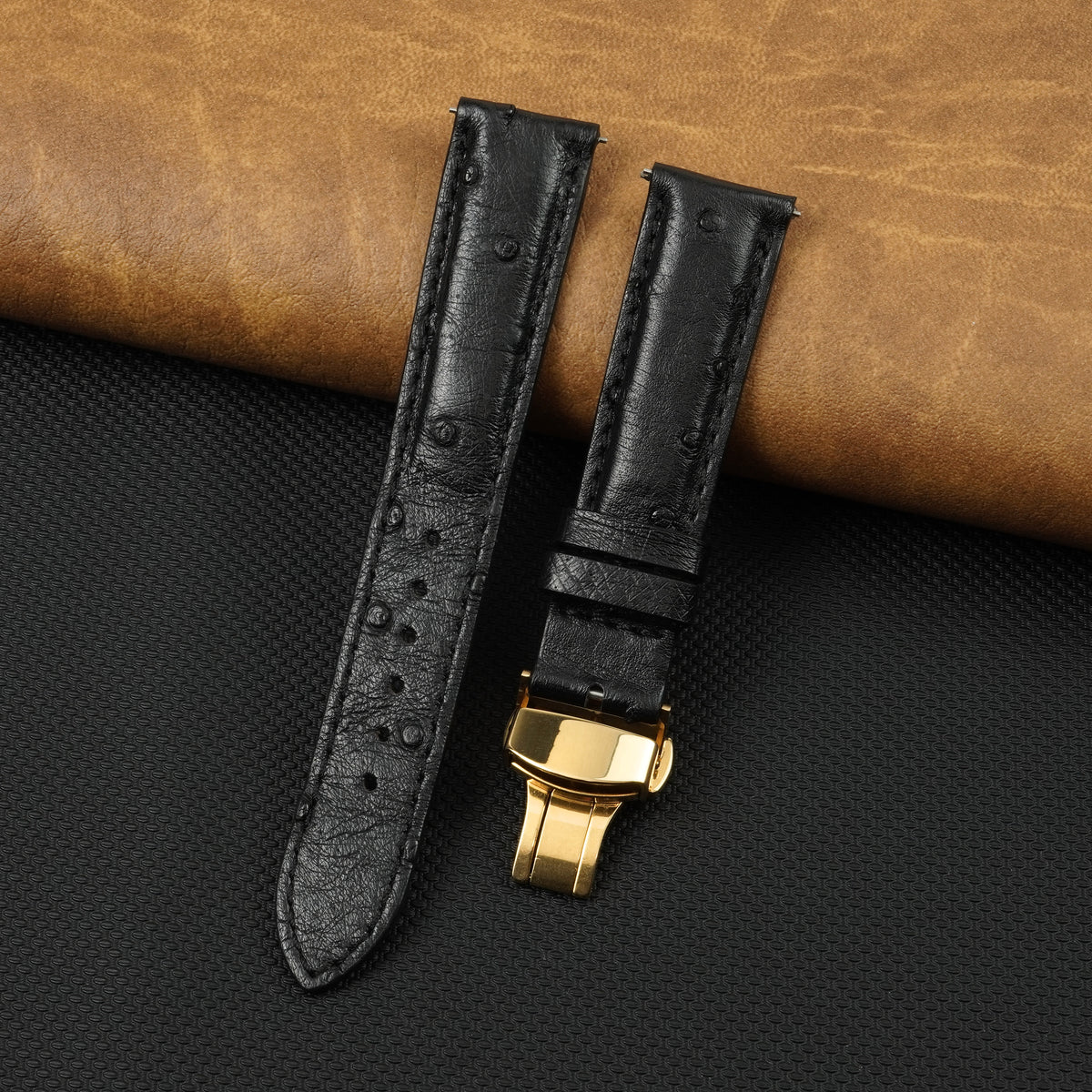 Black Genuine Ostrich Leather Watch Strap with Deployment Clasp