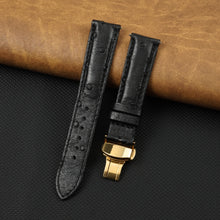 Black Genuine Ostrich Leather Watch Strap with Deployment Clasp