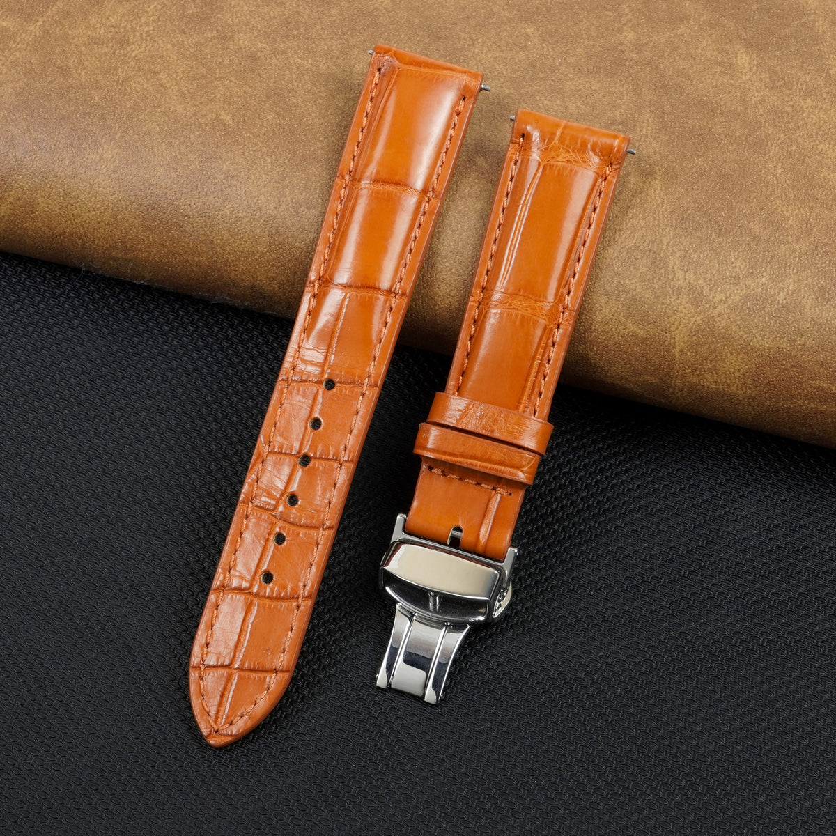 Orange Alligator Leather Watch Strap with Deployment Clasp