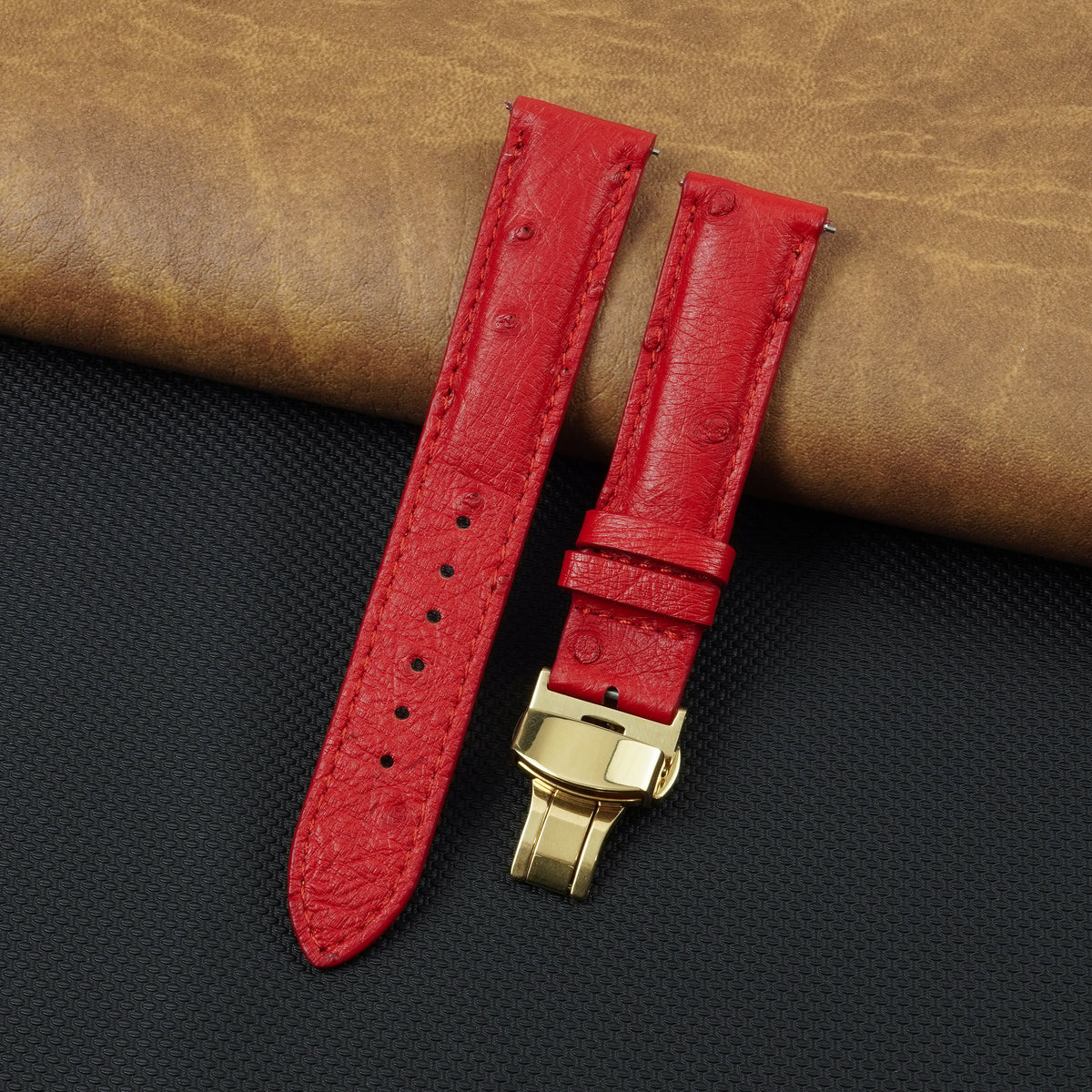 Red Ostrich Leather Watch Strap with Deployment Clasp