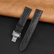 Black Flat Lizard Leather Watch Strap with Deployment Clasp