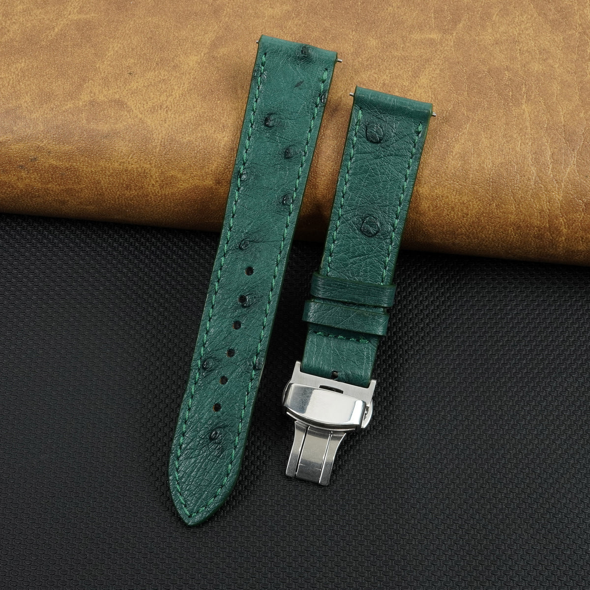Slim Green FLat Ostrich Leather Watch Band width Deployment Clasp