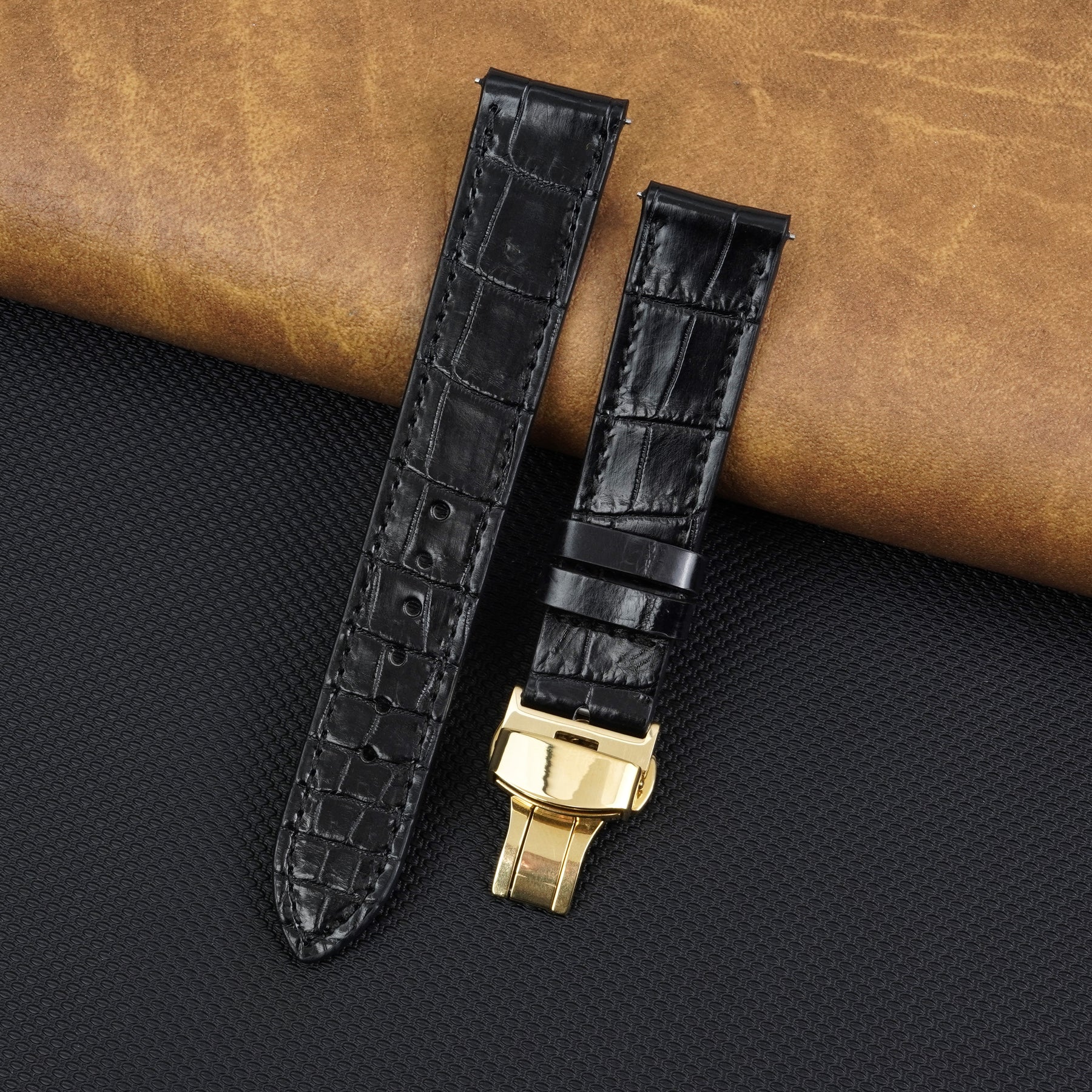 Black Flat Alligator Belly Leather Watch Strap with Deployment Clasp