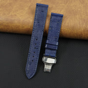 Slim Blue FLat Ostrich Leather Watch Band width Deployment Clasp